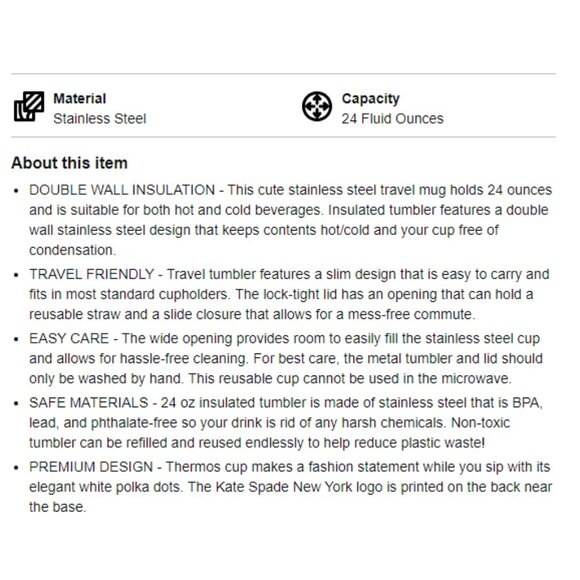 ♠️ kate spade ♠️ Stainless Steel 24oz Tumbler NWT - Picture 11 of 11